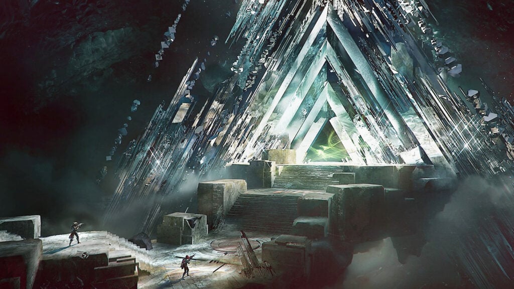 A triangular pyramid structure made of glass in the Vault of Glass in Destiny 2.