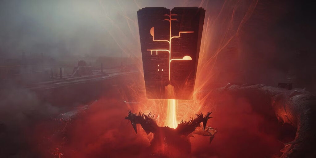 A giant oblong structure lit by red fire and lava in the Vow of the Disciple raid in Destiny 2.