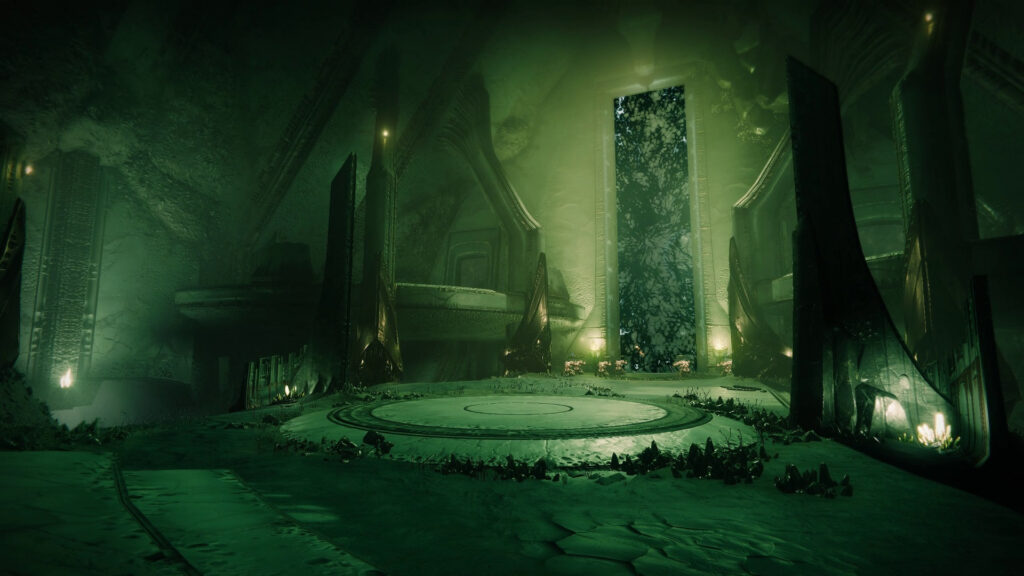 A darkened cavern on the Moon lit by green light in the King's Fall raid in Destiny 2.
