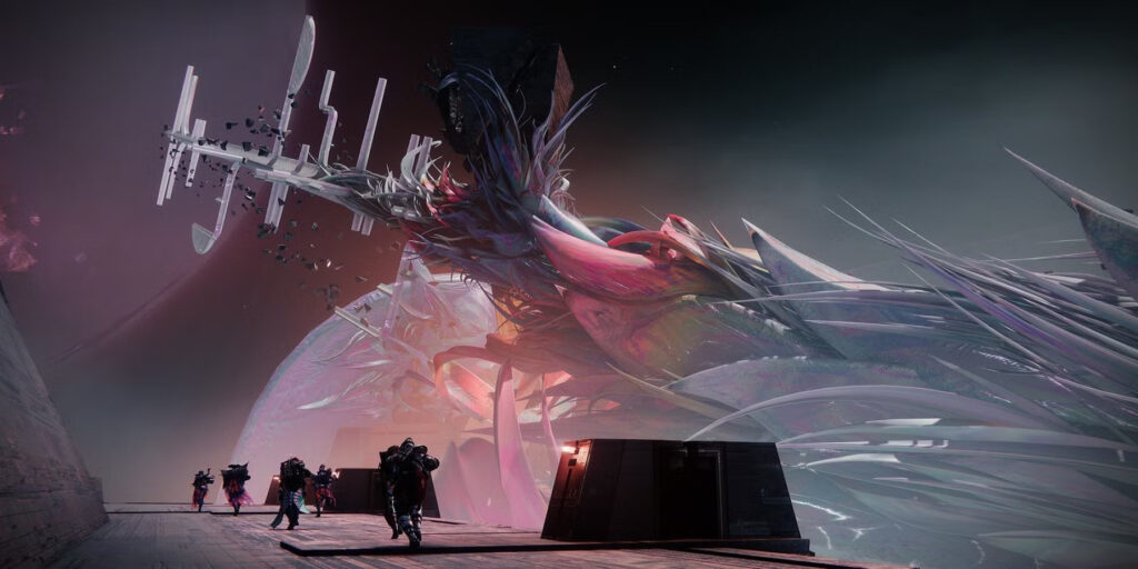Guardians sprint next to a giant structure in the Root of Nightmares raid in Destiny 2.
