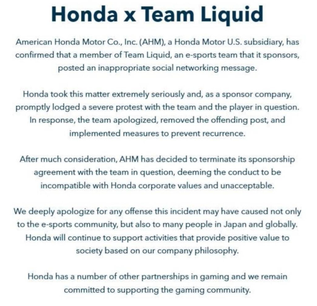 Honda's statement regarding their sponsorship of Team Liquid