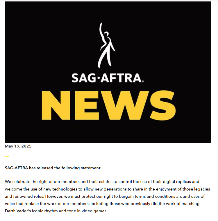 A screenshot of a statement regarding AI Darth Vader in Fortnite, issued by SAG-AFTRA.