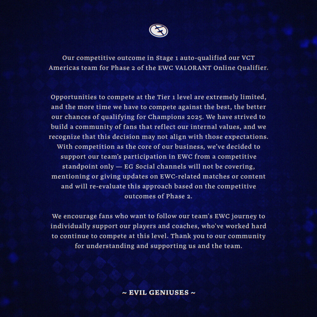 A statement from EG pertaining to its participation in EWC-related VALORANT events this year.