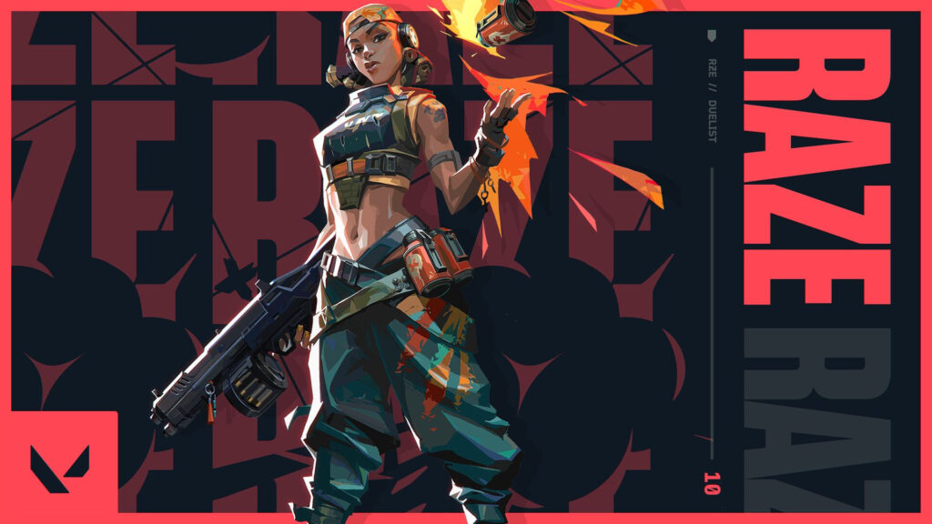 Raze from VALORANT holds a rifle and prepares to fire.