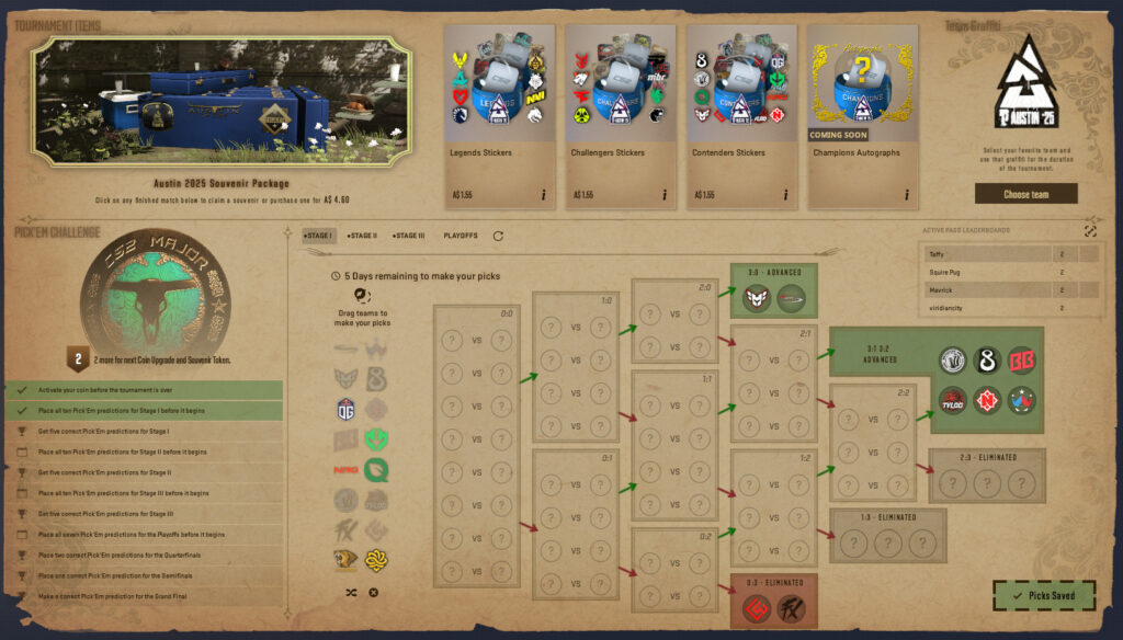 A screenshot of the Austin Major Viewer Pass and the Pick'Em Challenge.