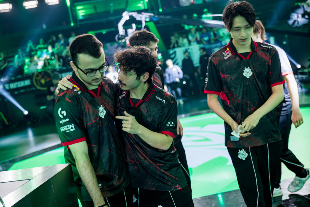 G2 players walk off stage after booking a ticket to MSI via the LEC EMEA playoffs.