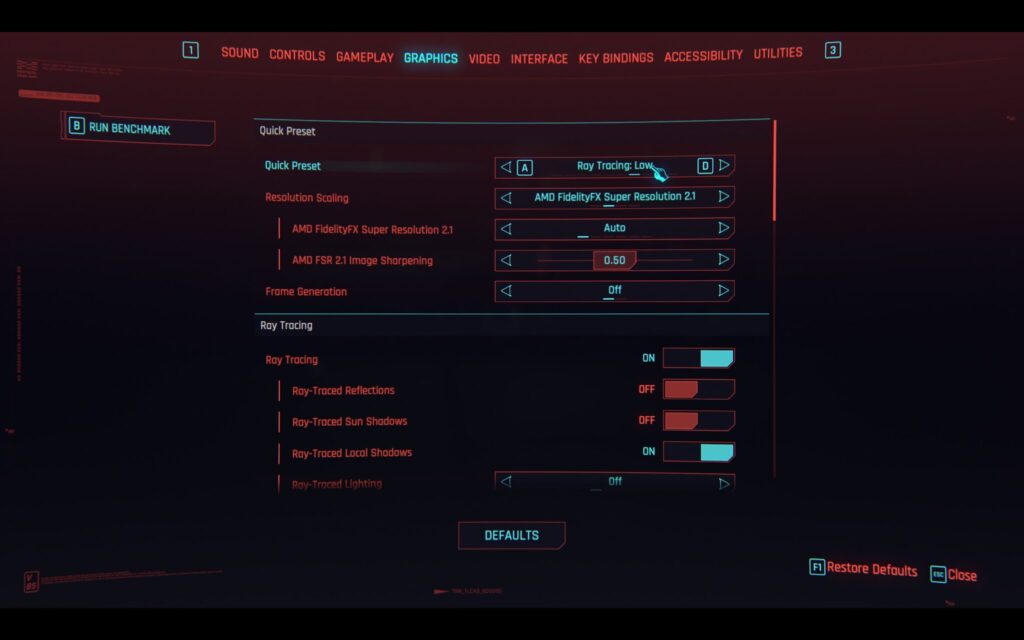 Cyberpunk 2077 defaulted to these settings on the Flow (Screenshot via esports.gg)