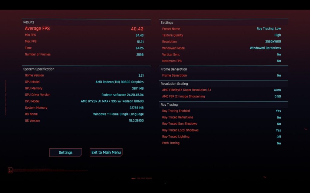 Results of the Cyberpunk 2077 benchmark on the ROG Flow Z13 (Screenshot via esports.gg)
