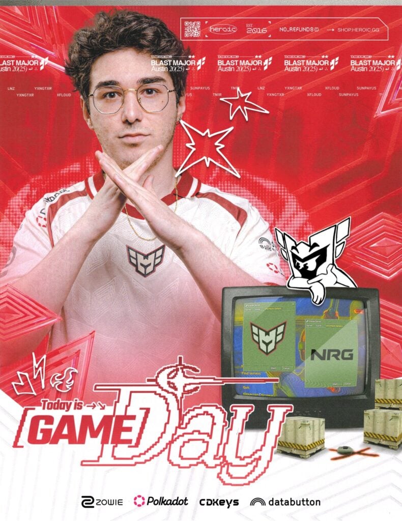 It’s the official poster of the Counter-Strike 2 (CS2) esports team HEROIC after their won over NRG the tournament BLAST.tv Austin Major 2025.