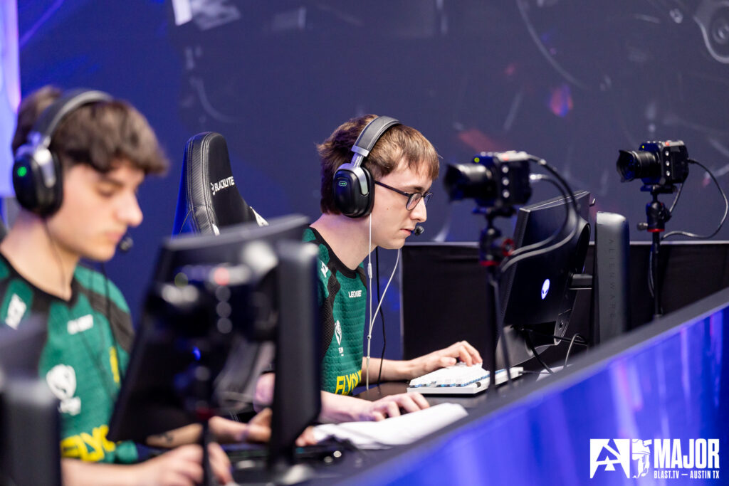 It’s a photo of the Counter-Strike 2 esports team FlyQuest during a Stage 1 match at the event CS2 BLAST.tv Austin Major 2025.