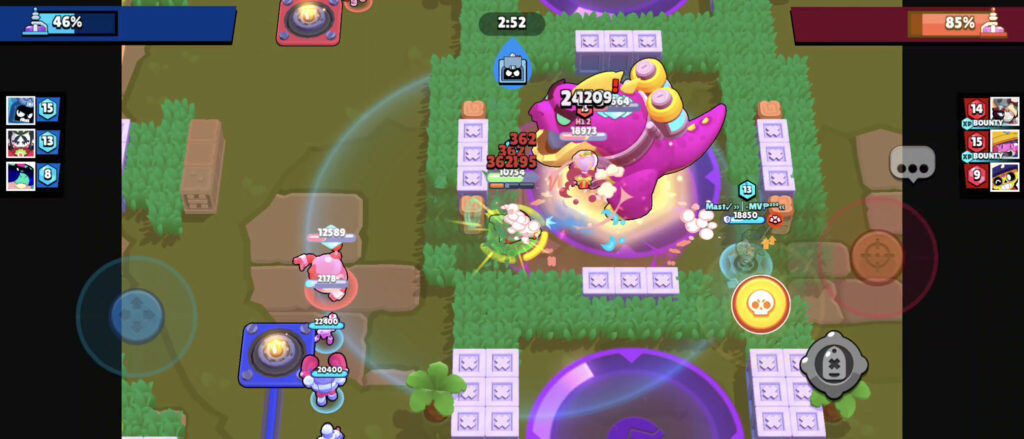 The screenshot shows a moment in Brawl Arena for a guide, where a team attacks a big neutral objective, Kaiju.