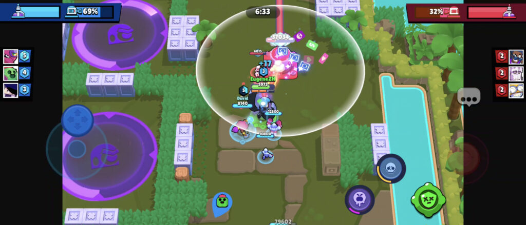 The image shows a game moment from the Brawl Stars MOBA mode Brawl Arena: destroying a turret of opponents.