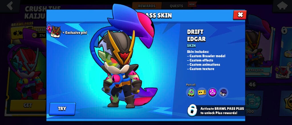 The image features the Drift Edgar skin in the mobile game Brawl Stars. It’s a reward of the Brawl Pass season Crush the Kaiju: Premium Pass tiers.