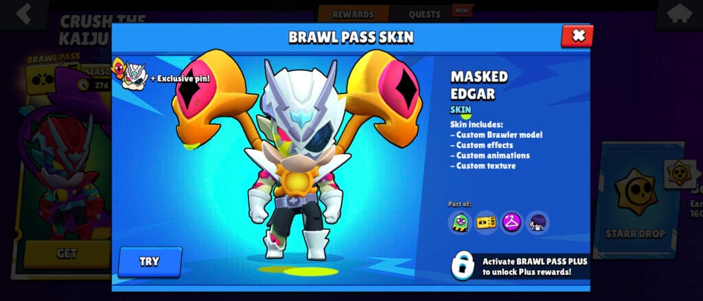 The image features the Masked Edgar skin in the mobile game Brawl Stars. It’s a reward of the Brawl Pass season Crush the Kaiju: Premium Pass tiers.