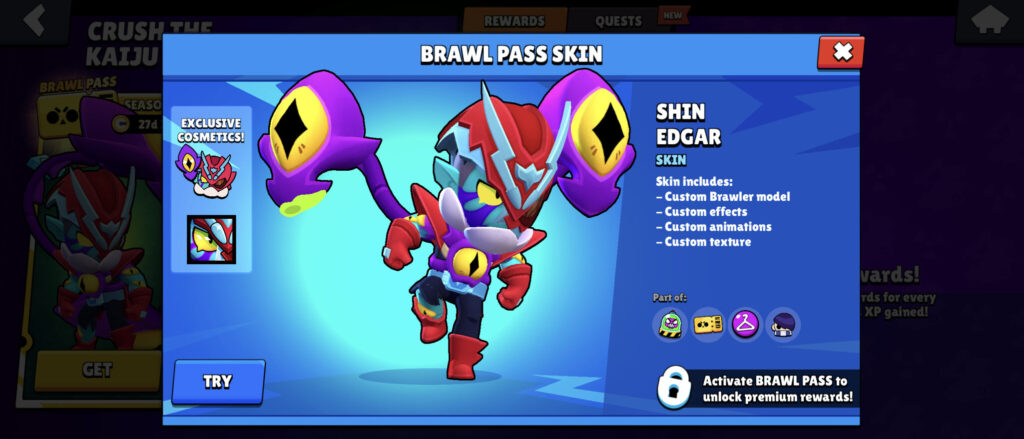 The image features the Shin Edgar skin in the mobile game Brawl Stars. It’s the main reward of the Brawl Pass season Crush the Kaiju.