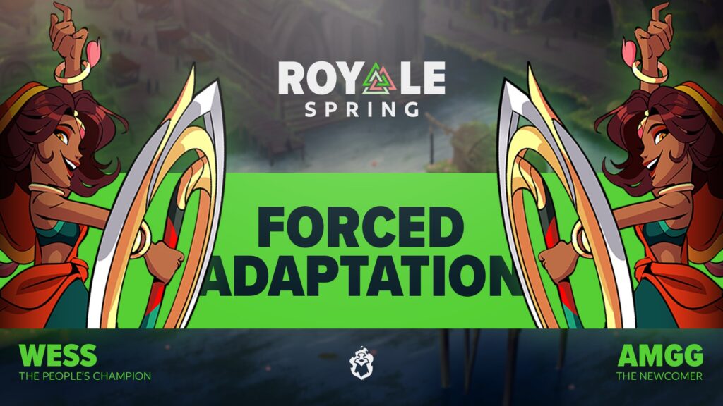 The image is a promo poster for a match at Brawlhalla Spring Royale: Wess vs AMGG. It features players' names and their characters: two Priyas