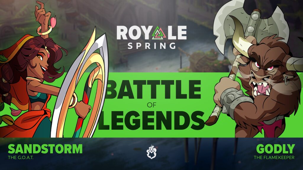 The image is a promo poster for a match at Brawlhalla Spring Royale: Sandstorm vs Godly. It features players' names and their characters: Priya and Teros