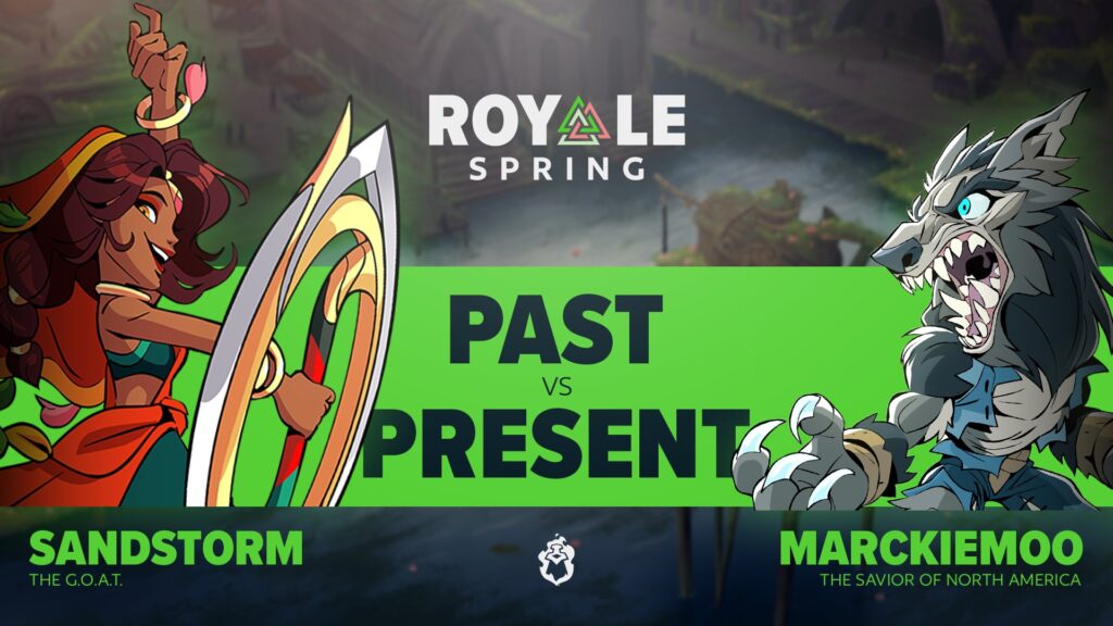 The image is a promo poster for a match at Brawlhalla Spring Royale: Sandstorm vs Marckiemoo. It features players' names and their characters: Priya and Mordex