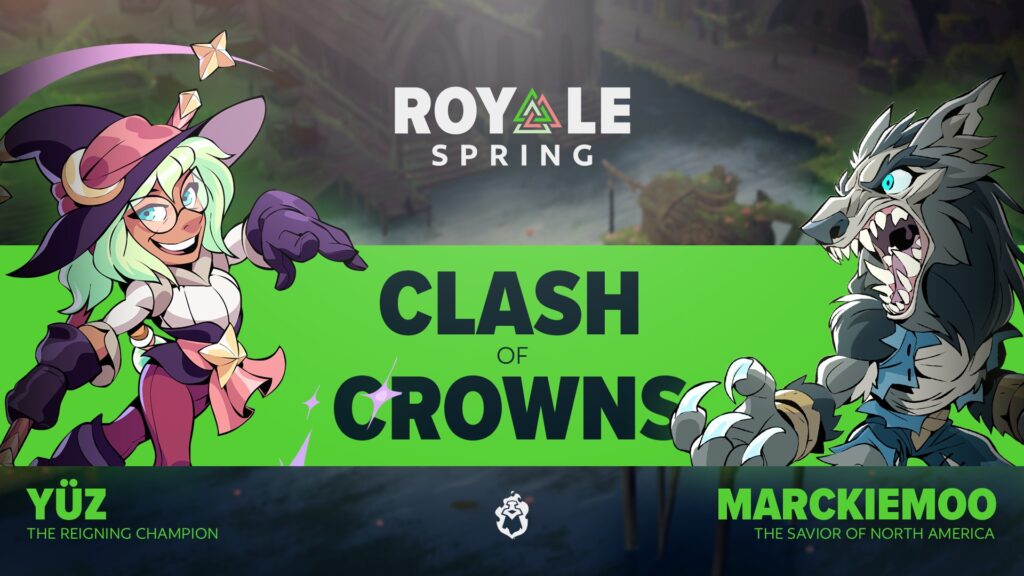 The image is a promo poster for a match at Brawlhalla Spring Royale: yüz vs Marckiemoo. It features players' names and their characters: Fait and Mordex 