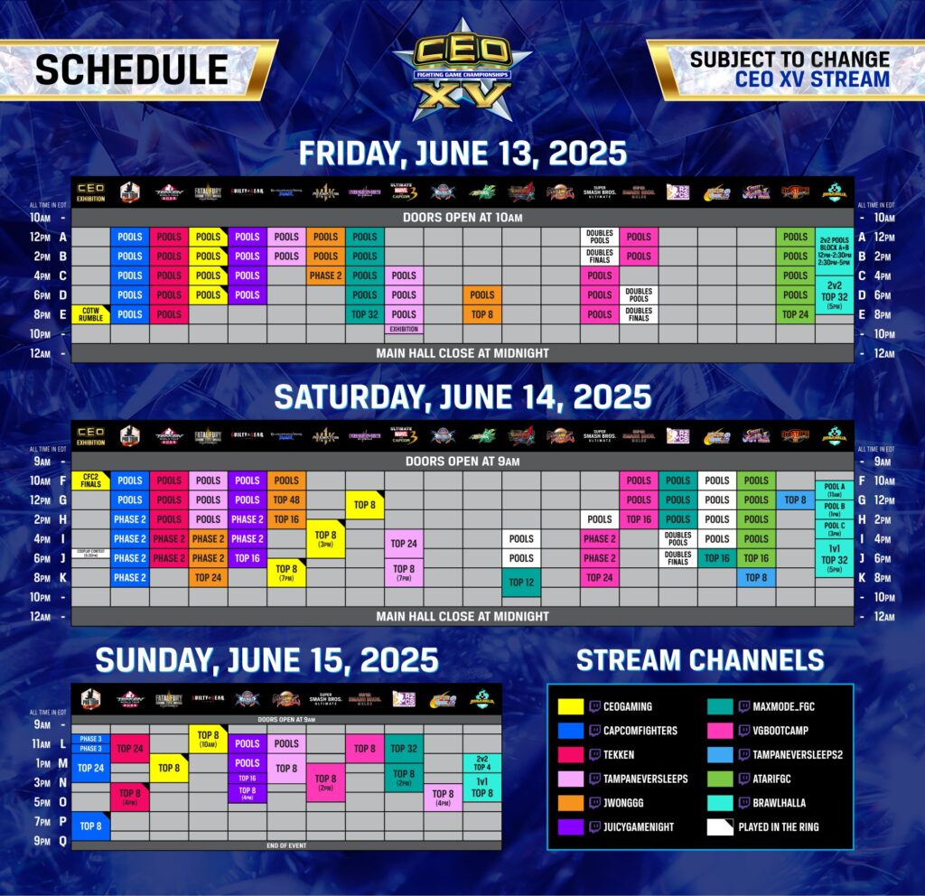 It’s a detailed schedule of the fighting games esports event CEO 2025 / CEO XV.