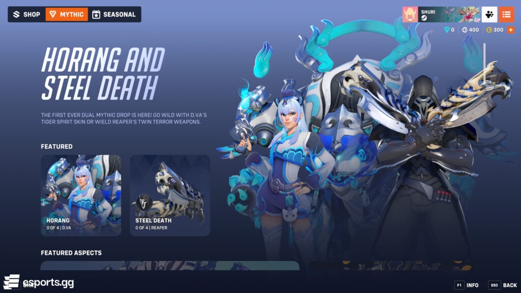 D.Va Horang mythic skin and Reaper Steel Death mythic weapon skin