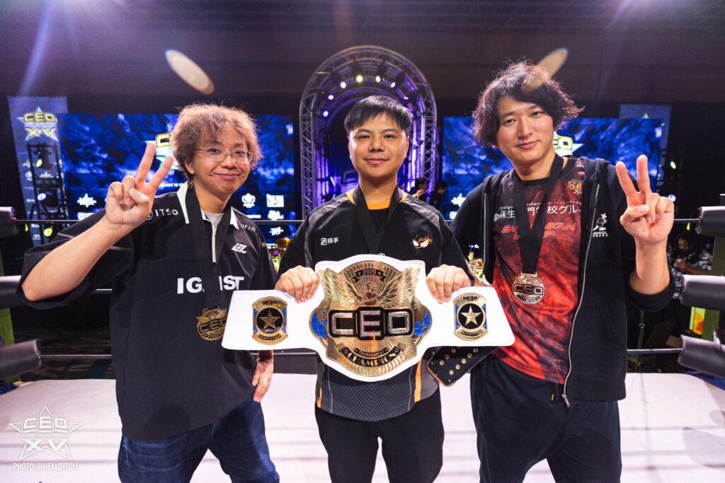 It's a photo of the top 3 players at the FATAL FURY CotW esports tournament CEO 2025.