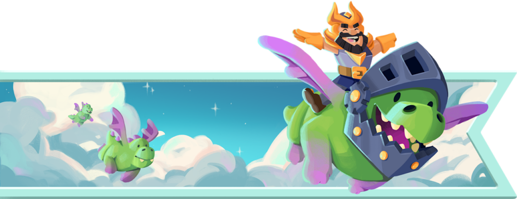It’s a banner of the milestone event 1 during the How to Evolve Your Dragon season in the mobile game Clash Royale. It features a game character riding a dragon.