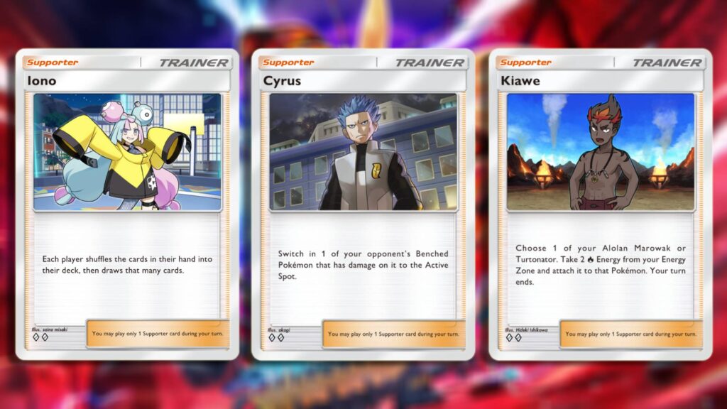 Iono, Cyrus, and Kiawe Supporter cards