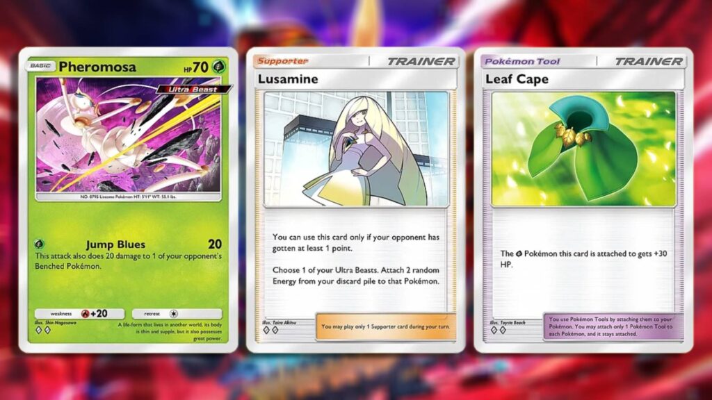 Pheromosa, Lusamine, and Leaf Cape cards in Pokémon TCG Pocket