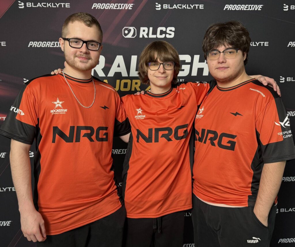 It’s a photo of the Rocket League esports team NRG at the RLCS 2025 tournament Raleigh Major.