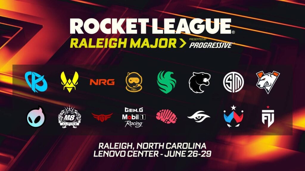 The image features logos of all Rocket League esports teams that qualified for the offline tournament RLCS 2025 Raleigh Major.