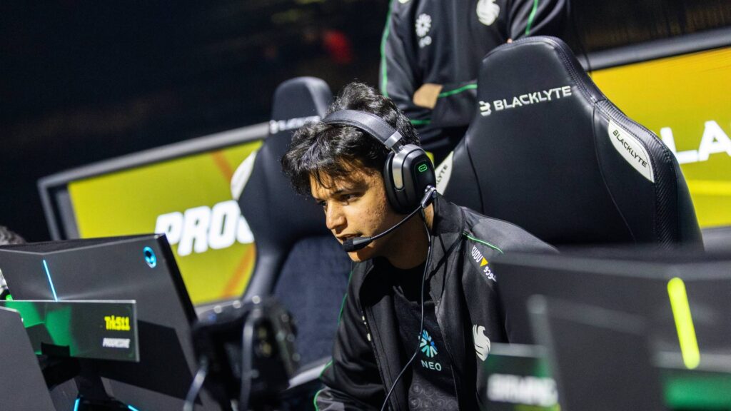 It's a photo of the Rocket League esports player trk511 from Team Falcons at the RLCS 2025 Birmingham Major: during a match.