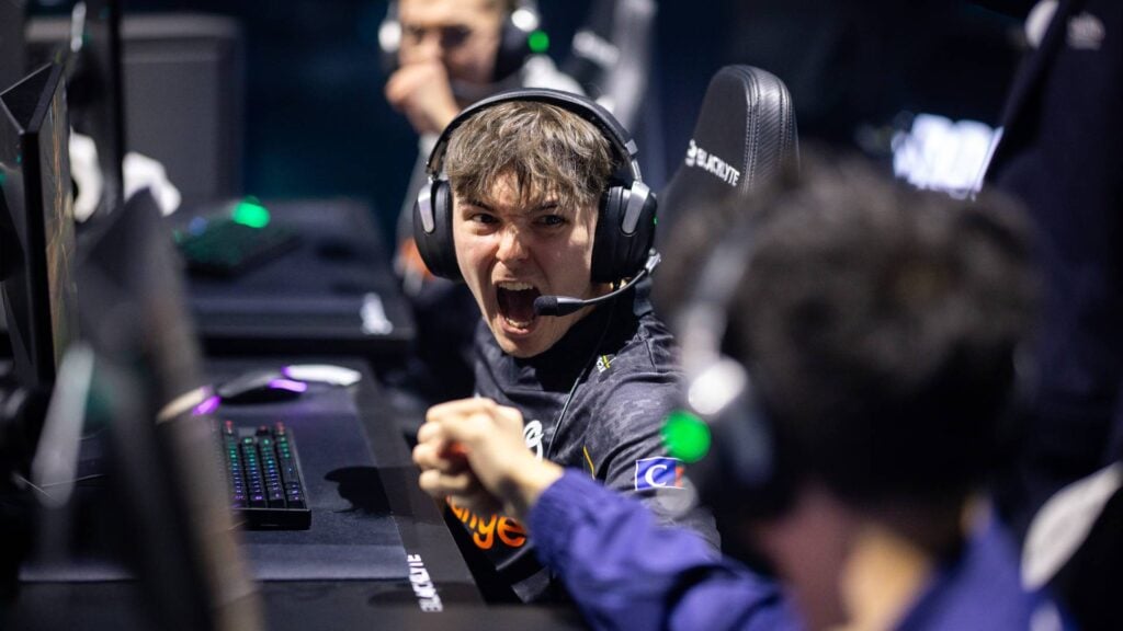 It's a photo of the Rocket League esports team Karmine Corp at the RLCS 2025 Birmingham Major: the players celebrate a goal.