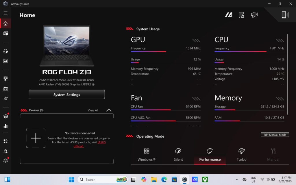 The Armoury Crate landing page (Screenshot via esports.gg)