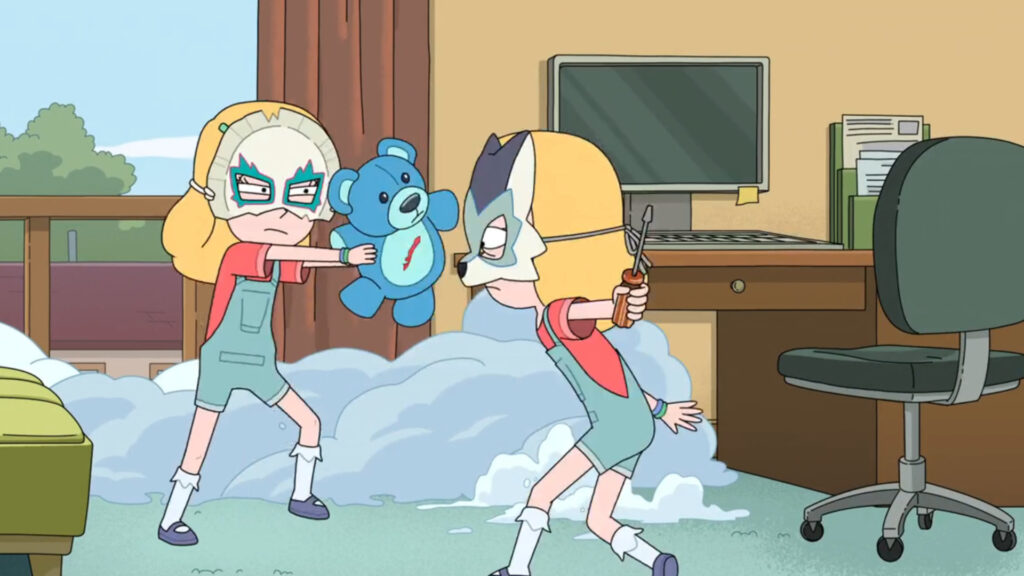 Beth and Space Beth fighting each other in Rick and Morty Season 8 episode 6