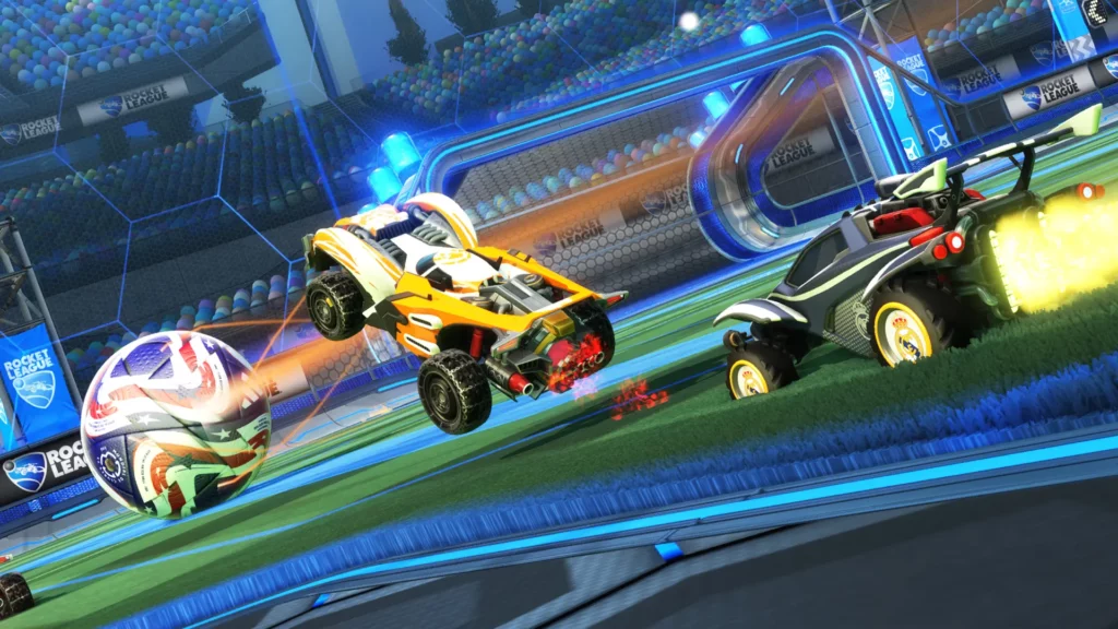It’s a poster of the limited-time event adidas Soccar Strike in the game Rocket League. It features a scene from a match: two cars on a field and a ball.