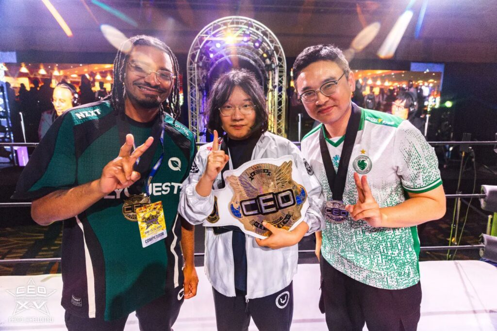 It's a photo of the top 3 players at the Street Fighter 6 esports tournament CEO 2025