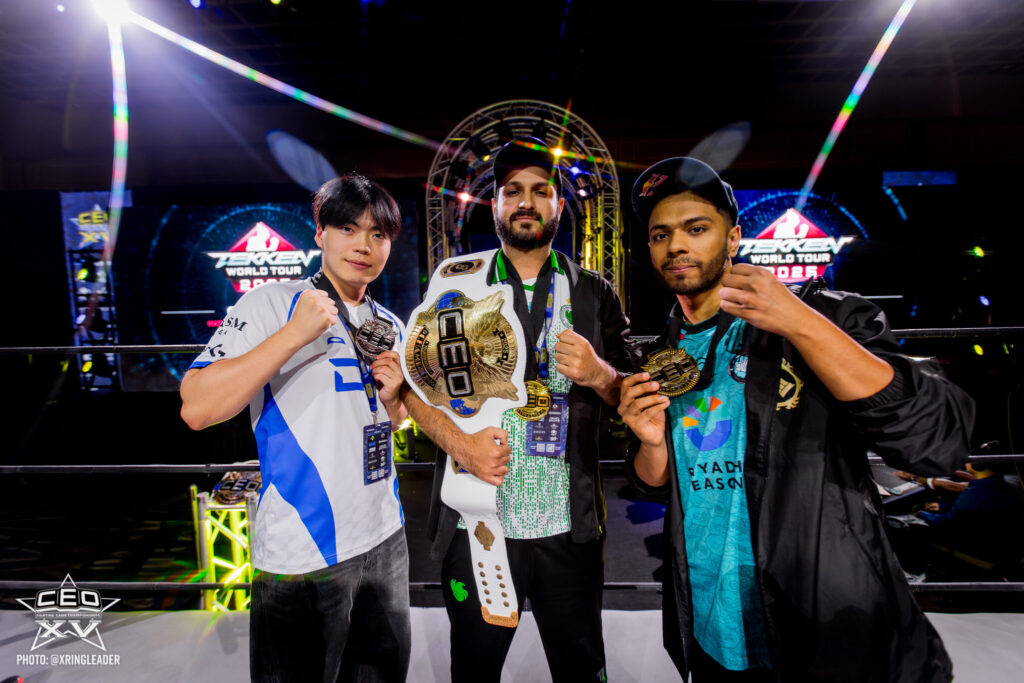 It's a photo of the top 3 players at the TEKKEN 8 esports tournament CEO 2025