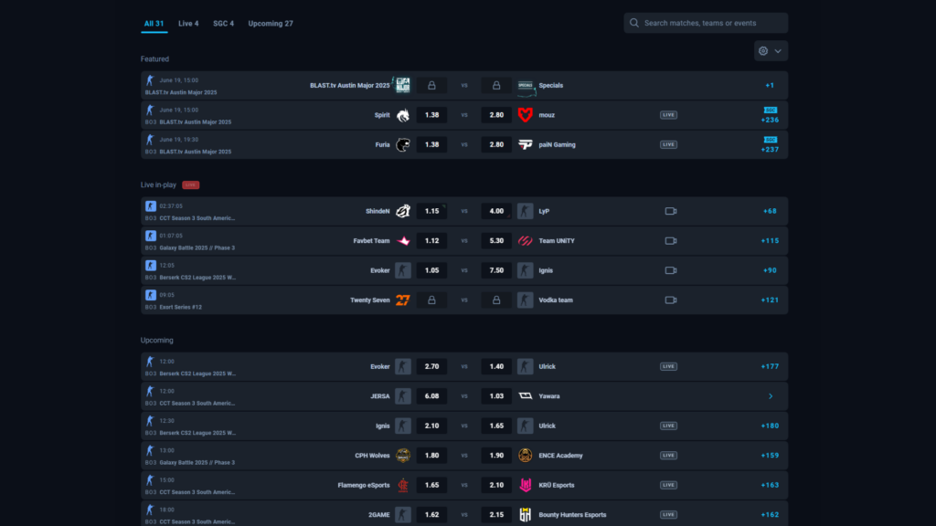 Thunderpick's CS2 esports betting page