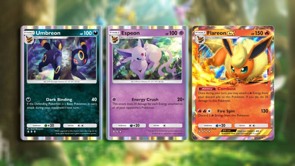 Umbreon, Espeon, and Flareon ex cards in Pokémon TCG Pocket's Eevee Grove expansion
