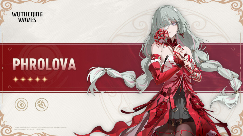It's a poster for the character Phrolova in the game Wuthering Waves. The image features the girl and her attributes: Element (Havoc) and weapon (Rectifier).