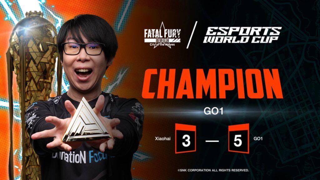 The poster of GO1 winning the tournament FATAL FURY: City of the Wolves Champion Esports World Cup 2025.