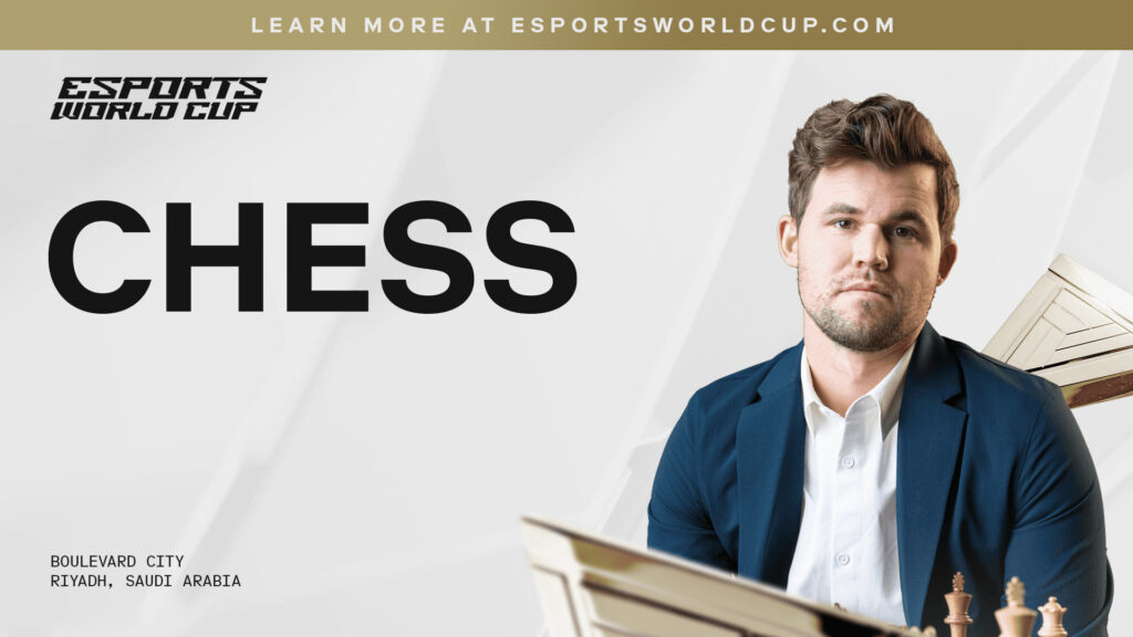 The image is the official poster for the chess tournament at the Esports World Cup 2025. It features the photo of Magnus Carlsen, a five-time world champion.