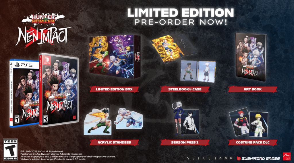 The image highlights the content of the Limited physical edition of the fighting game Hunter x Hunter Nen Impact.