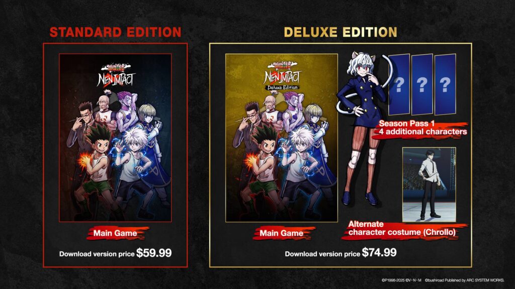 The image explains the difference between Standard and Deluxe editions of the fighting game Hunter x Hunter Nen Impact.