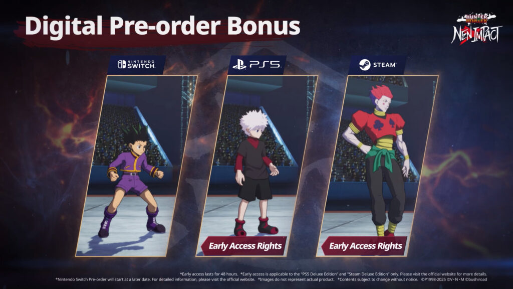 The image features character color variations for the fighting game Hunter x Hunter Nen Impact — pre-order bonus.