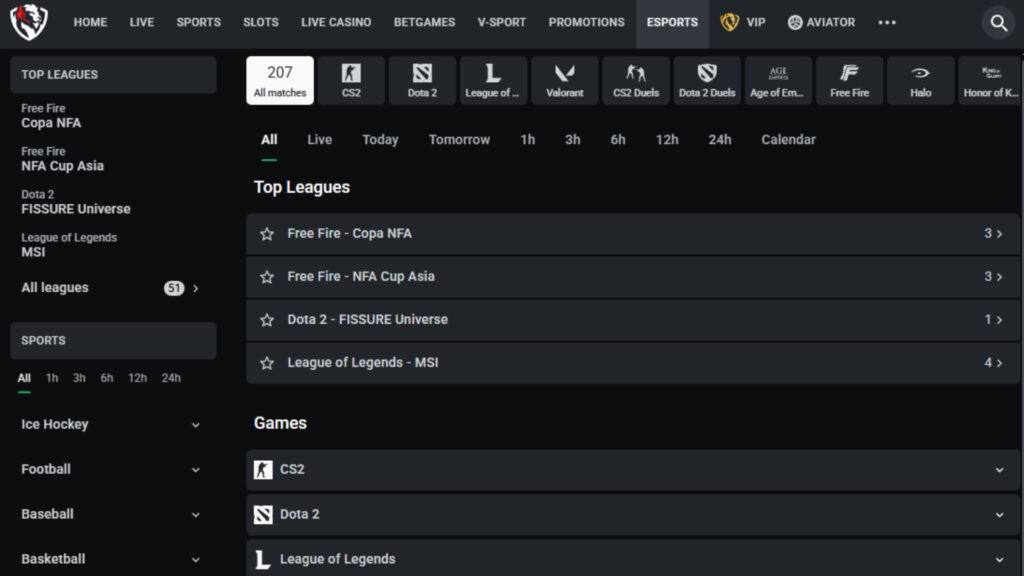 Screenshot of LeonBet's esports page