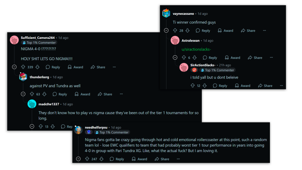 Reddit users comments about Nigma at the Clavision Master 2025, showing a lot of positive messages and hope that they keep playing like they are.