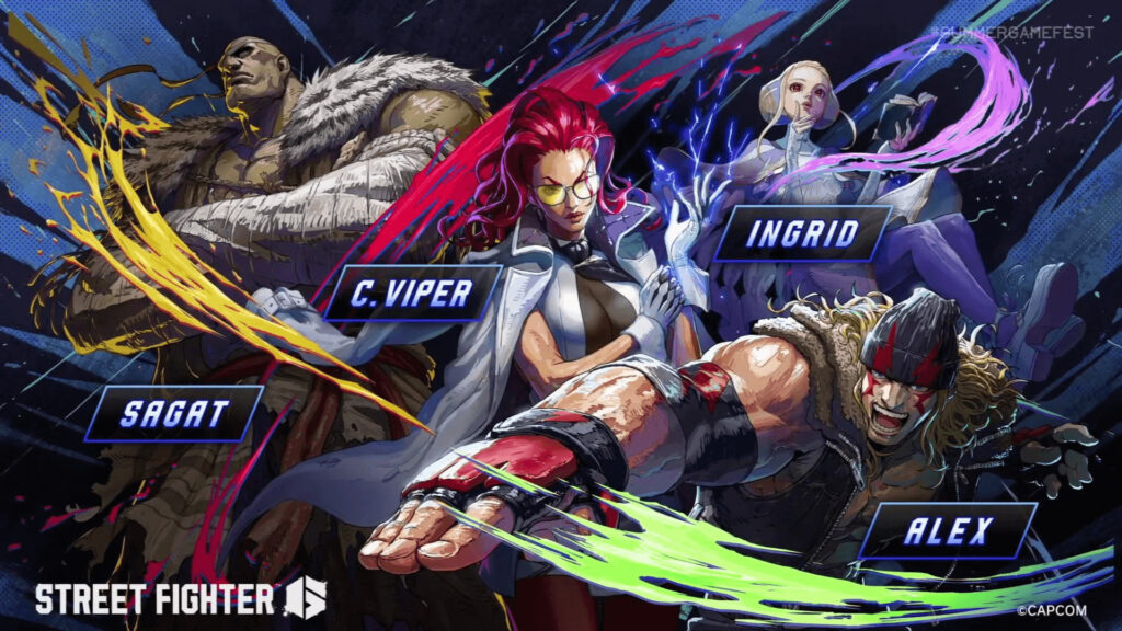 The the official art poster for DLC characters in Street FIghter 6 Year 3 Character Pass: C. Viper, Alex, and Ingrid.