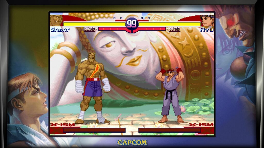 It’s a screenshot from the fighting game Street Fighter 30th Anniversary Collection: it features the characters Sagat and Ryu.